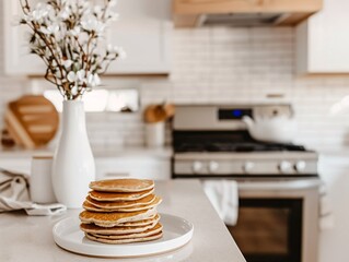 a stack of pancakes on a white plate in a kitchen - obrazy, fototapety, plakaty
