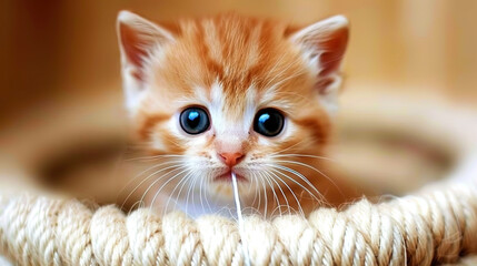 Obraz premium A small orange kitten with blue eyes sitting calmly in a woven basket
