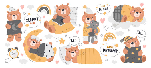 Cute baby bears cartoon characters wearing pajamas nightwear sleeping having sweet dreams set