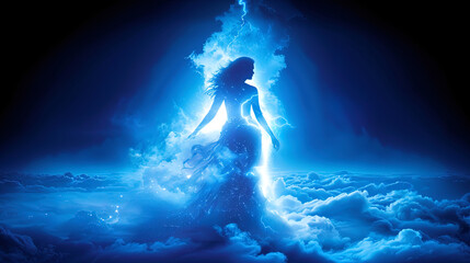 A woman wearing a blue dress stands amidst fluffy clouds in the sky