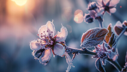 frozen icy flowers in winter frost covered wildflowers in winter field on the evening or mourning cold winter season frosty weather natural - obrazy, fototapety, plakaty