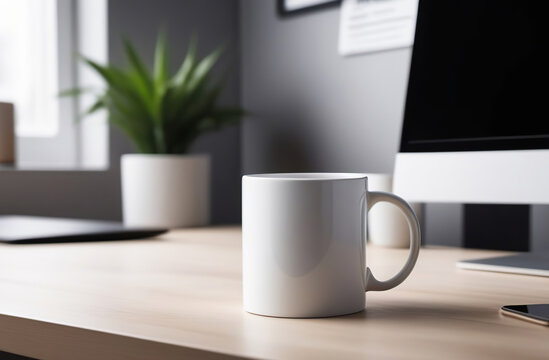 Mug Mock-Up. Blank white 11 oz ceramic cup is on a desk, office interior blurred background. Great for overlaying your custom quotes and designs for selling mugs. Notebooks on wooden table indoors.
