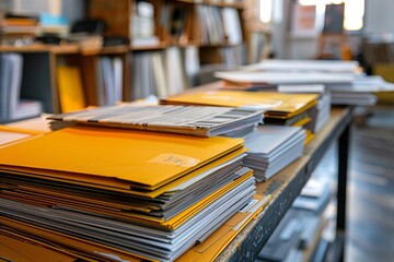 a stack of yellow folders on a table - obrazy, fototapety, plakaty