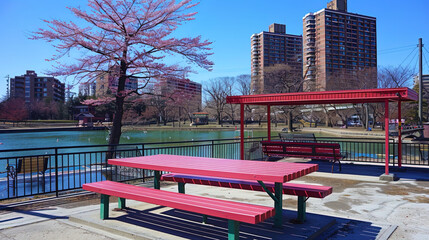 Fototapeta na wymiar A couple of red benches positioned next to a serene lake