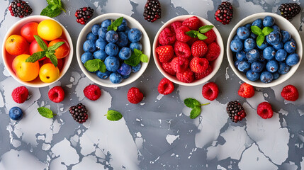 Three bowls containing a variety of fresh berries, raspberries, and oranges - obrazy, fototapety, plakaty