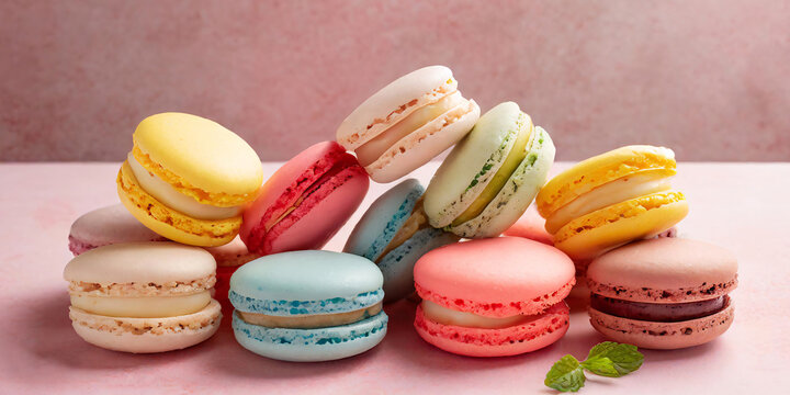 Colorful tasty macaroons on pink background