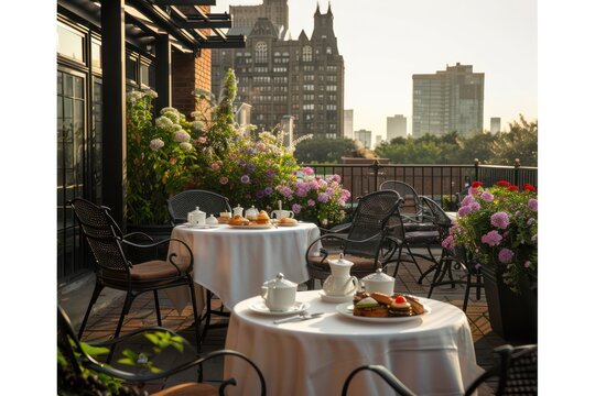 A serene rooftop garden with tables set for afternoon tea, complete with delicate sandwiches, scones, and pots of steaming tea. 