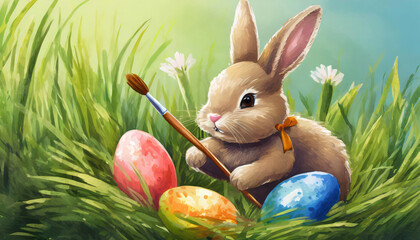 Cute bunny sitting in green grass and painting easter eggs with brush