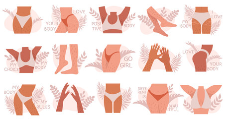 Woman hair body positive set with female legs, hands with unshaved hairy vector illustration