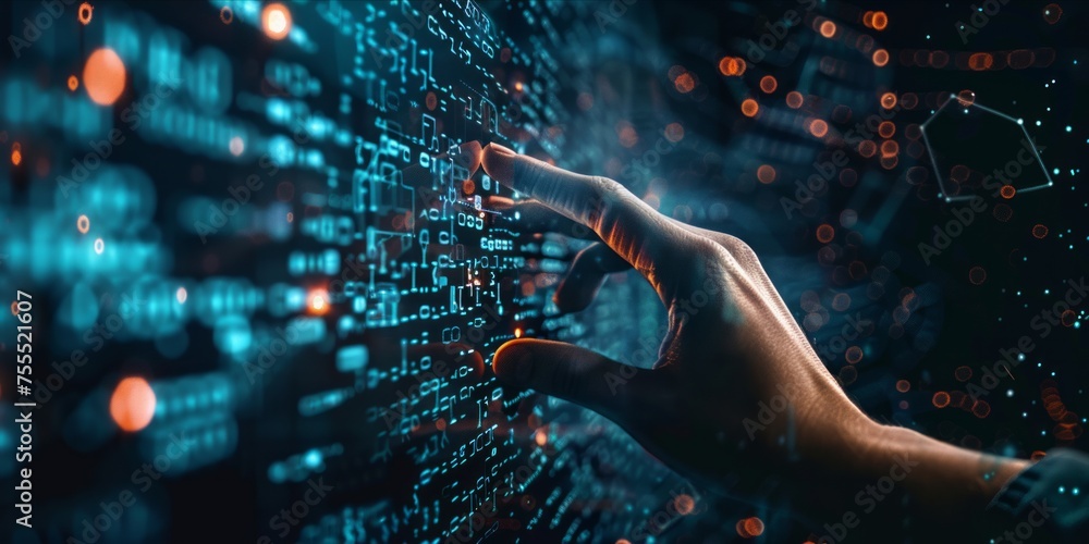 Poster hand interacting with futuristic blockchain technology interface.