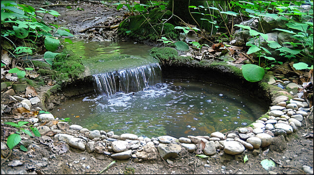 A small pond features a waterfall in its center, creating a serene natural scene