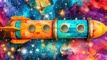A vibrant rocket ship zooms through the vast expanse of space