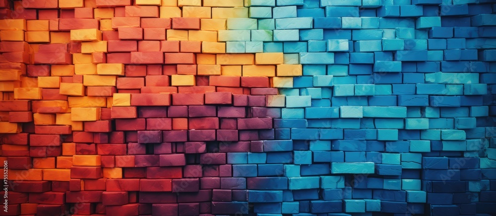 Aufkleber a vibrant brick wall displaying a striking mix of red, yellow, blue, and green hues. each color bloc