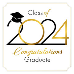 Certificate template for 2024 graduate. Class of 2024 school banner. Diploma design. Creative number and typography with golden elements. Sample postcard. Document template. Invitation concept.