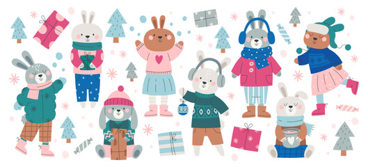 Funny rabbit, cute bunny characters wearing warm winter clothes outwear and accessories set