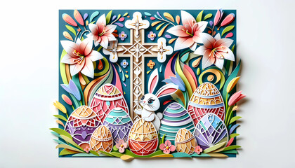 Easter bunny and cross faith for Easter day with  easter eggs background in paper cut style
