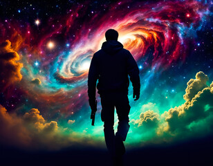 Man facing endless universe with sparkling stars, galaxies, and nebulas in outer space. Amazing Cosmos Background. Digital illustration. CG Artwork Background