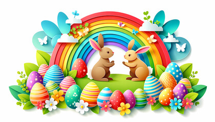 Obraz na płótnie Canvas Easter bunnies joyful with the rainbow and easter eggs background in paper cut art style