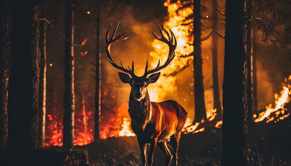 deer and forest fire on the background