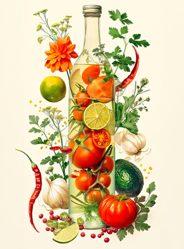 Artistic Infusion of Vegetables and Herbs in Oil Bottle. Healthy food concept