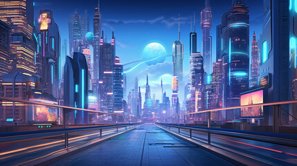 A futuristic cityscape with giant holograms - obrazy, fototapety, plakaty