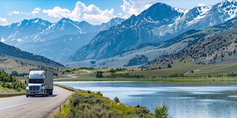 Semi truck driving along a highway near a lake and mountains.