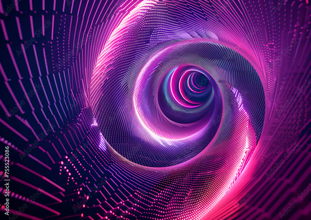 Wall mural graphic design art of abstract illusion of spiral with geometric shapes of pink and violet neon