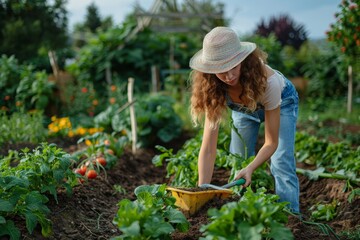 A female gardener attentively plants in the soil, surrounded by lush vegetable patches in a sunlit garden