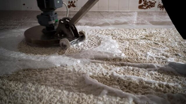 Worker cleaning scrubber cleaner carpets in professional laundry service