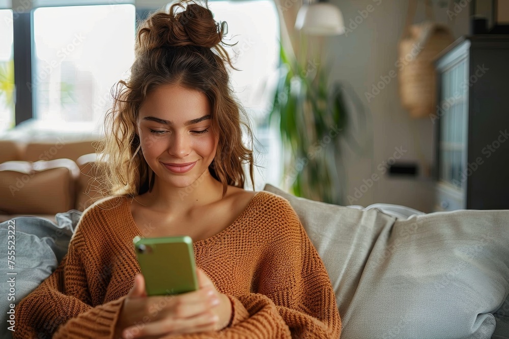 Wall mural Cheerful young woman lying on a sofa, engaged with her smartphone, in a contemporary home setting