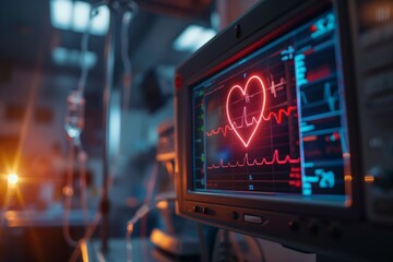 Obraz premium Heartbeat monitor with heart shape on medical screen