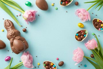 Delightful Easter top view arrangement showcasing halved chocolate eggs filled with vibrant sweets, charming chocolate rabbit, and blooming tulips on a soft blue backdrop, leaving space for text