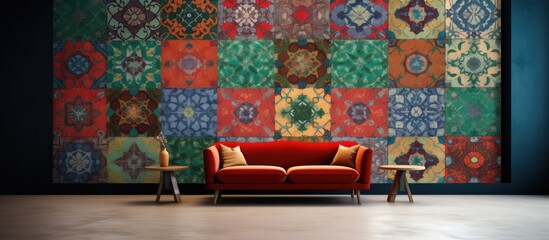 A red couch is positioned in front of a vibrant and colorful wall. The wall features an intricate design with shades of red, green, indigo, and antique wallpaper. The vintage style of the wall