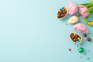 Festive Easter set vision. Top view image of broken chocolate eggs, brimming with vibrant candies,...