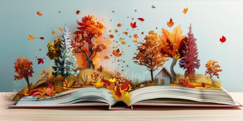 Open book with creative pop up elements and autumn theme.