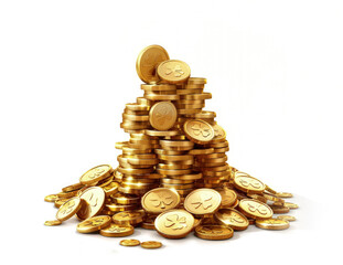 A pile of gold coins with the image of a clover isolated on a white background. St. Patrick's Day design concept. AI generated
