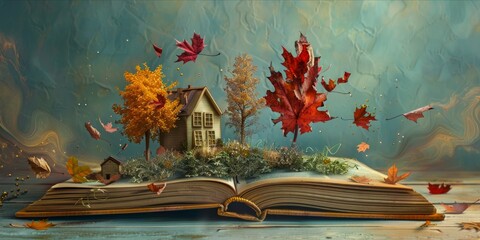 Open book with creative pop up elements and autumn theme.