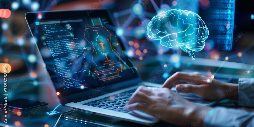 Poster person using laptop with futuristic artificial intelligence interface.