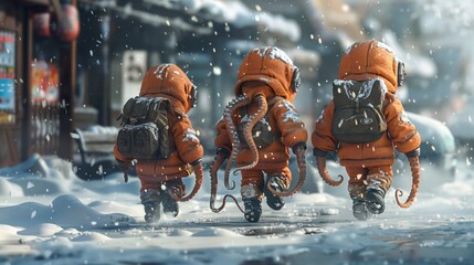 Three children with tentacles in orange suits walking down a snowy street, AI - Powered by Adobe