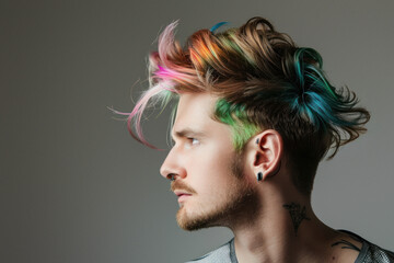 A young man with a stylish rainbow-colored hair quiff in a studio setting with muted tones and artistic vibe