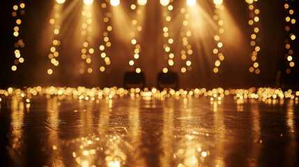 Naklejka premium Abstract stage lights, glares, and golden glitter lights create a captivating ambiance on the floor, adding a touch of glamour and intrigue to the scene.