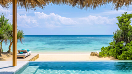 Fototapeta na wymiar Luxury Pool Overlooking Serene Beach, ocean view, tropical foliage