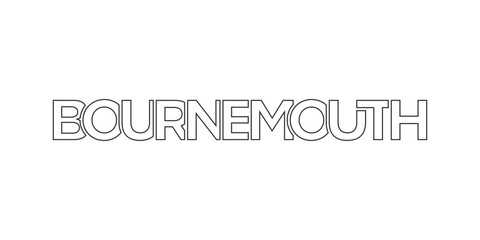 Bournemouth city in the United Kingdom design features a geometric style illustration with bold typography in a modern font on white background.