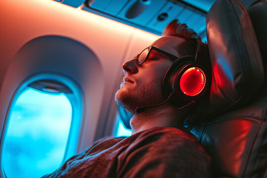 A man wearing headphones is peacefully asleep in an airplane seat. His head is leaned back against the headrest, and his eyes are closed, indicating deep sleep.