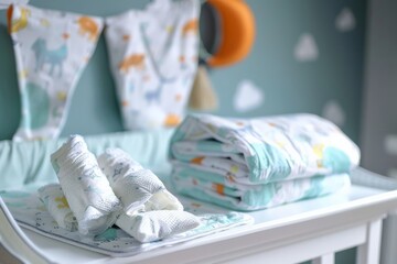 Baby wipes and diapers on a changing table - obrazy, fototapety, plakaty