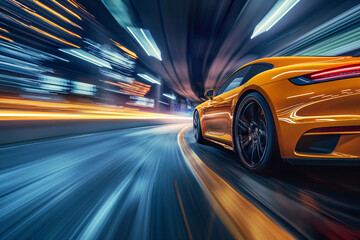 Super car on the road with speed motion blur background.