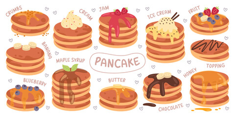 Pancakes stacks with different topping and various sweet addition isolated set vector illustration - obrazy, fototapety, plakaty