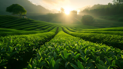 Sunlight filtering through rows of tea plants background