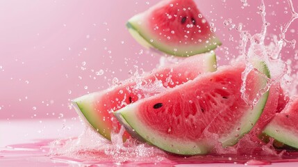 A group of slices of watermelon are being splashed with pink liquid, AI