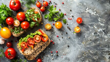 A close up of a sandwich with tomatoes and herbs on it, AI